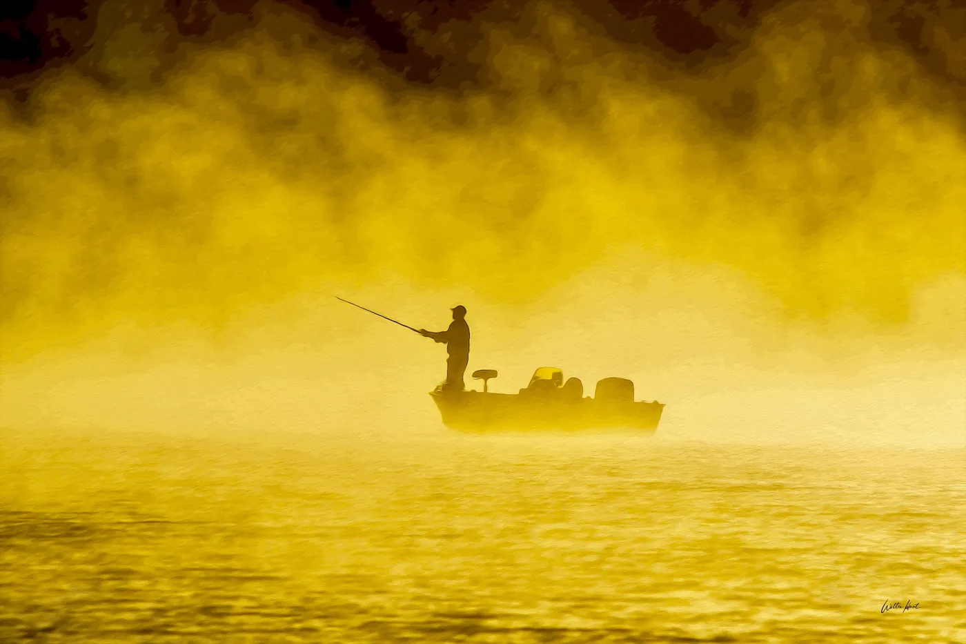 A lone fisherman in a small boat surrounded by golden morning fog